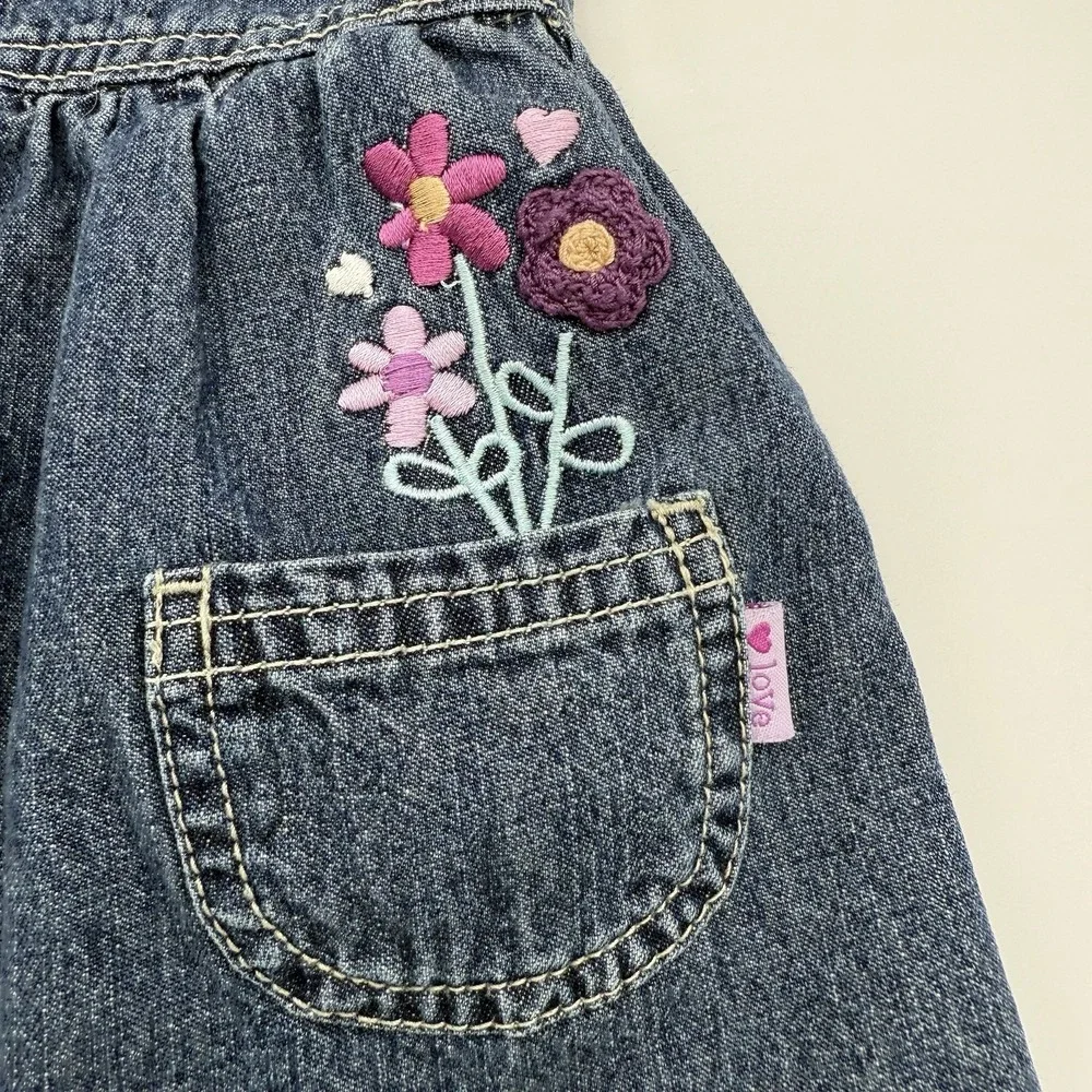 OshKosh Vestbak Denim Overall Dress Embroidered Sz 9 M Floral w/ Bodysuit‎